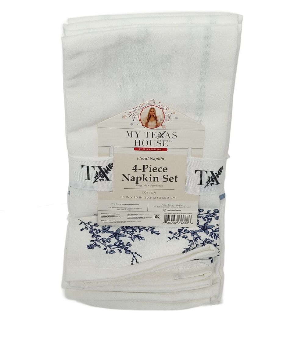 My Texas House Floral Napkin Set 4-Piece White Blue Cotton 20x20 Dinner Napkins